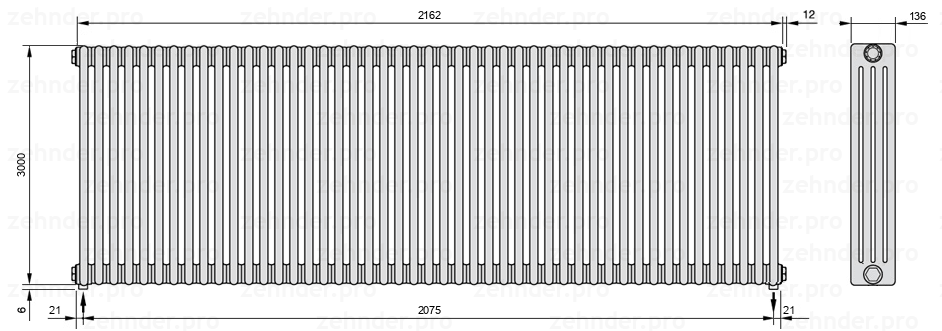 Схема (чертеж) Радиатор Zehnder Charleston 4300/47 №5310 Белый глянцевый RAL 9016